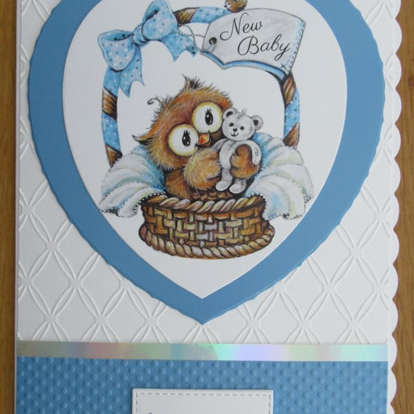 Baby Owl In A Basket - A5 New Baby Boy Card