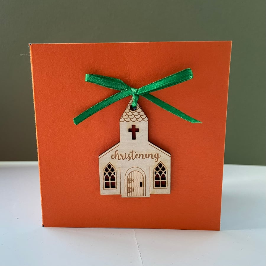Blank card with detachable wooden 'christening' church decoration