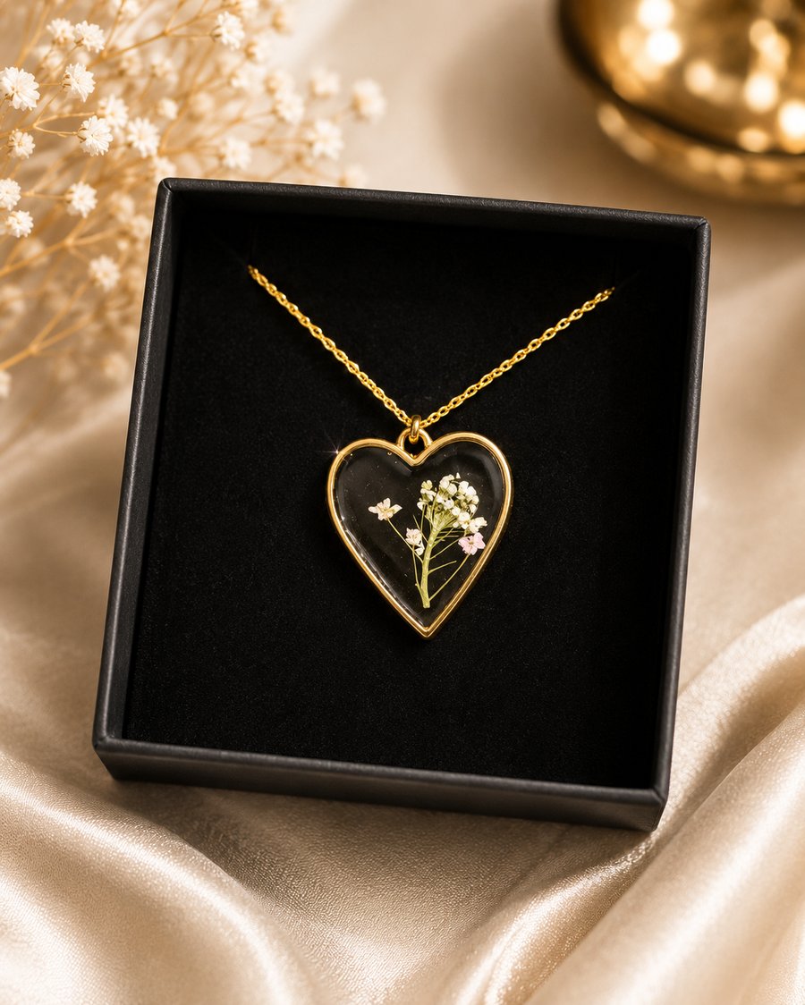 Handmade Pressed Flower Heart Resin Necklace Botanical Gift for Her