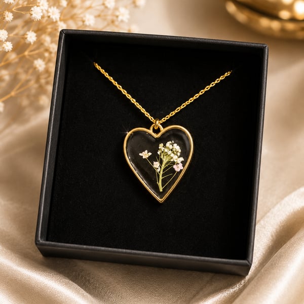Handmade Pressed Flower Heart Resin Necklace Botanical Gift for Her