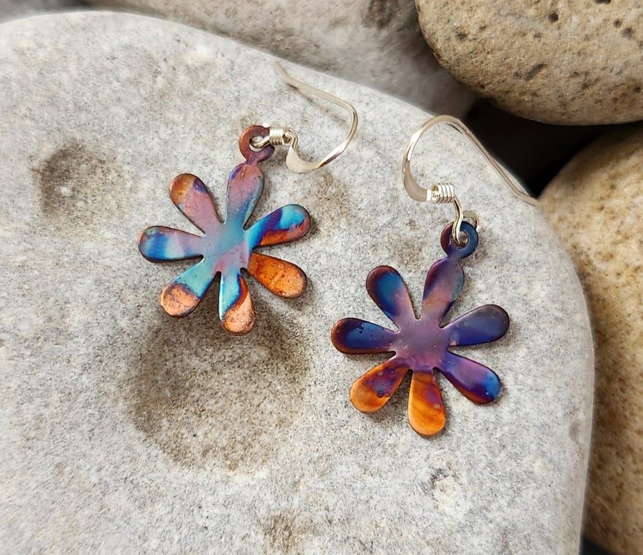 Flower earrings in flame painted copper