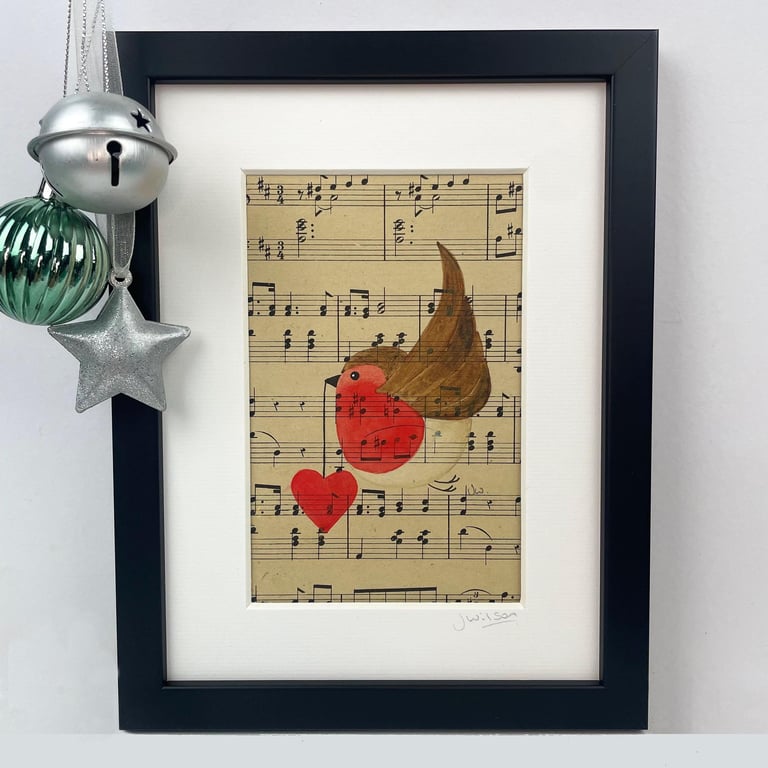 Original Watercolour Painting Robin and Heart Painting on Vintage Music 