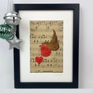 Original Watercolour Painting Robin and Heart Painting on Vintage Music 