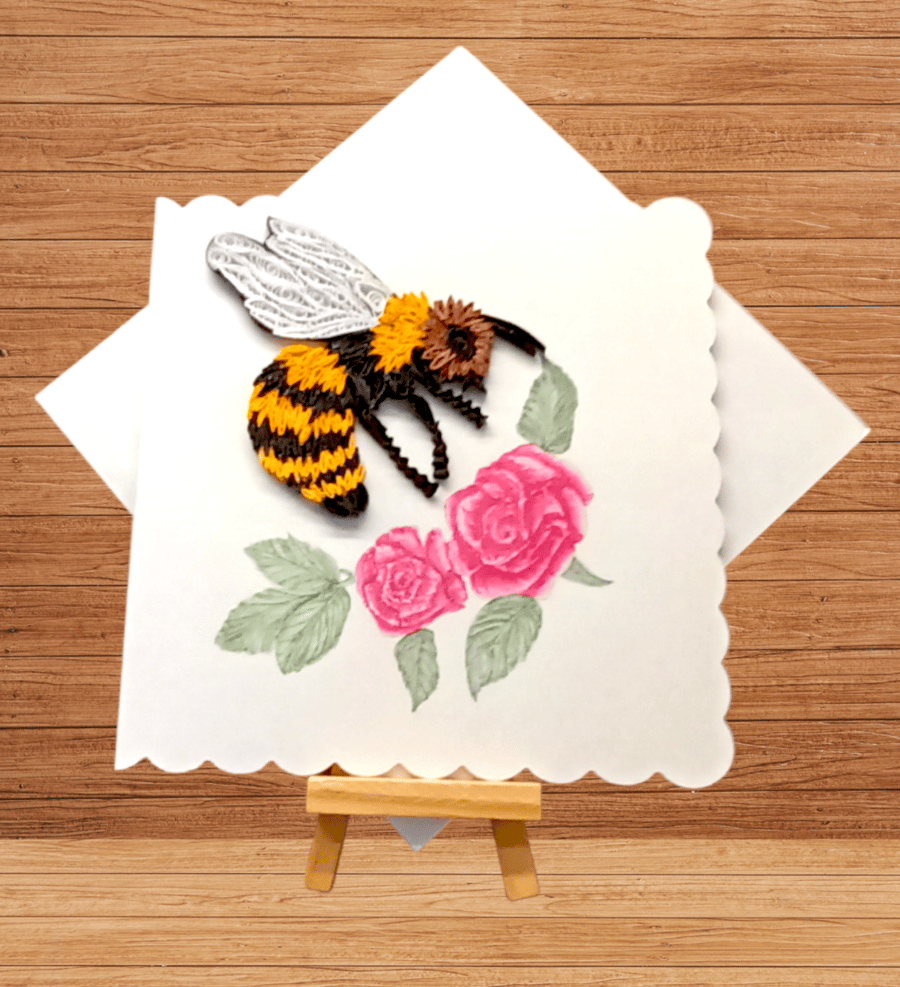 Unusual mixed media quilled bee and hand painted roses open card