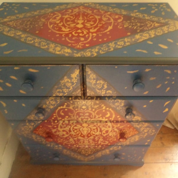 Wooden drawers with original hand painted boho design in red, blue & gold
