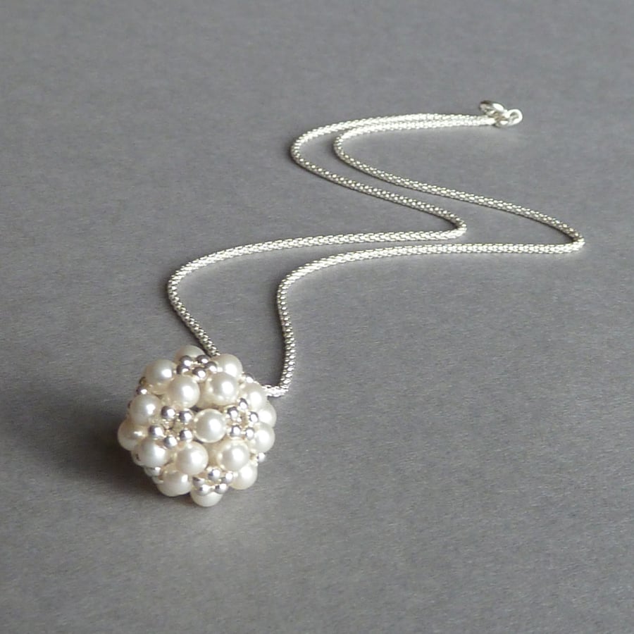 White Swarovski Pearl Ball Pendant Necklace - Wedding Jewellery for Women
