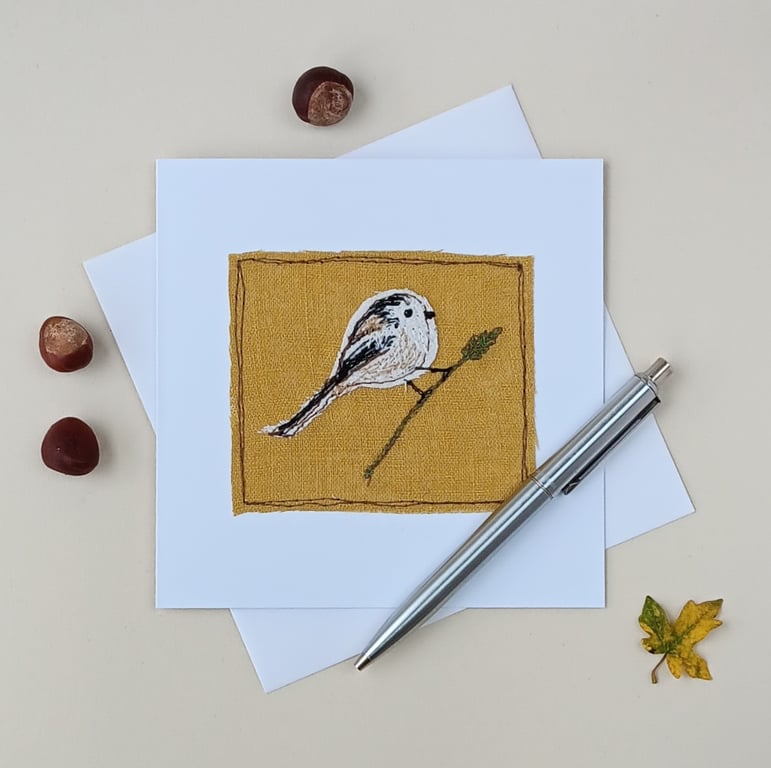 Long-tailed Tit Sewn Textile Greeting Card