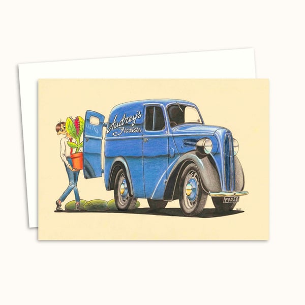Florist Van Greeting Card: Hand Drawn Pencil Illustration - Blank Inside (320)