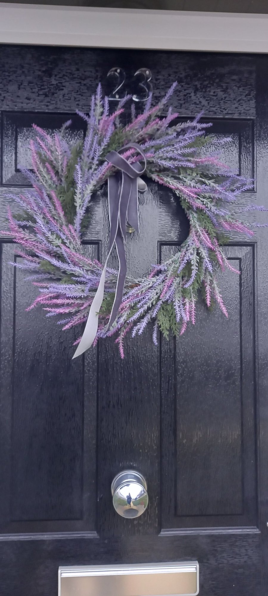 Handmade Lavender  Wreath, Soft Purple & Lilac, Grey Silver Ribbon.