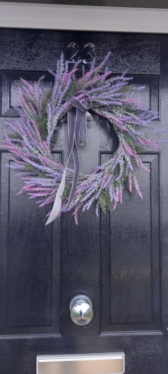 Handmade Lavender  Wreath, Soft Purple & Lilac, Grey Silver Ribbon.