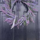 Handmade Lavender  Wreath, Soft Purple & Lilac, Grey Silver Ribbon.