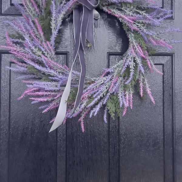 Handmade Lavender  Wreath, Soft Purple & Lilac, Grey Silver Ribbon.