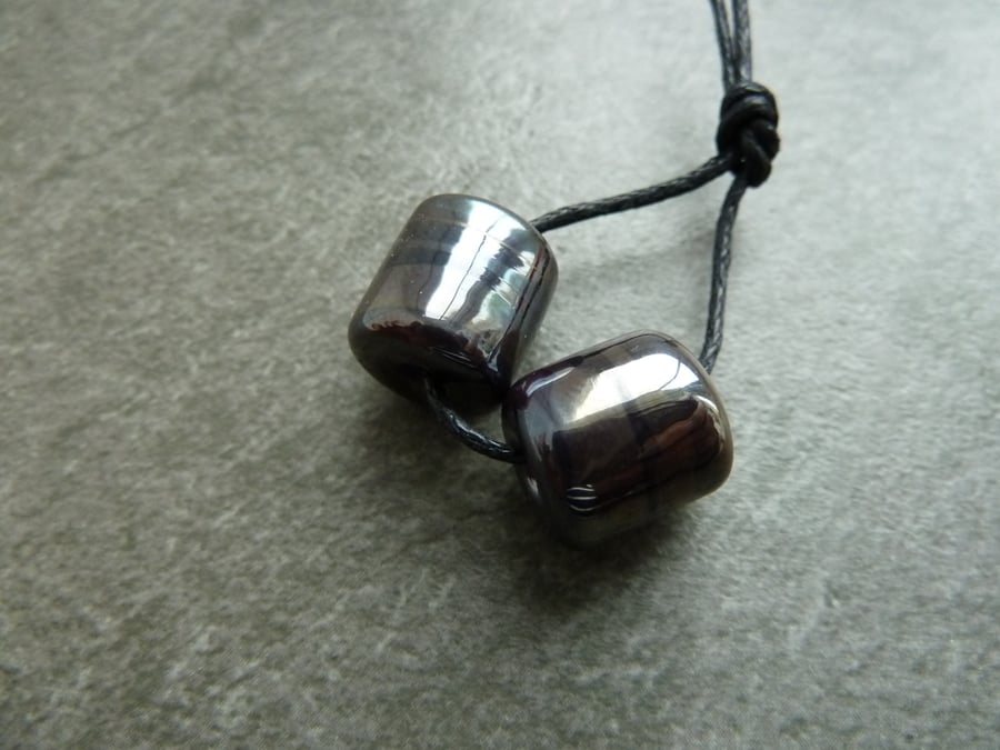 lampwork glass beads, silver barrel pair
