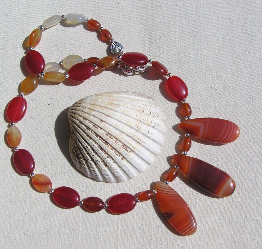 Orange Carnelian Crystal Gemstone Chunky Statement Beaded Necklace "Sunset"