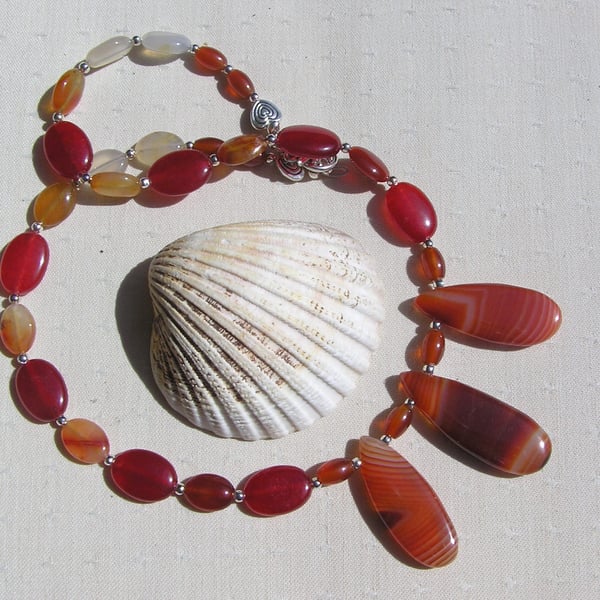 Orange Carnelian Crystal Gemstone Chunky Statement Beaded Necklace "Sunset"