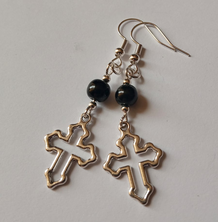 Large Cross Black Onyx Dangle Earrings