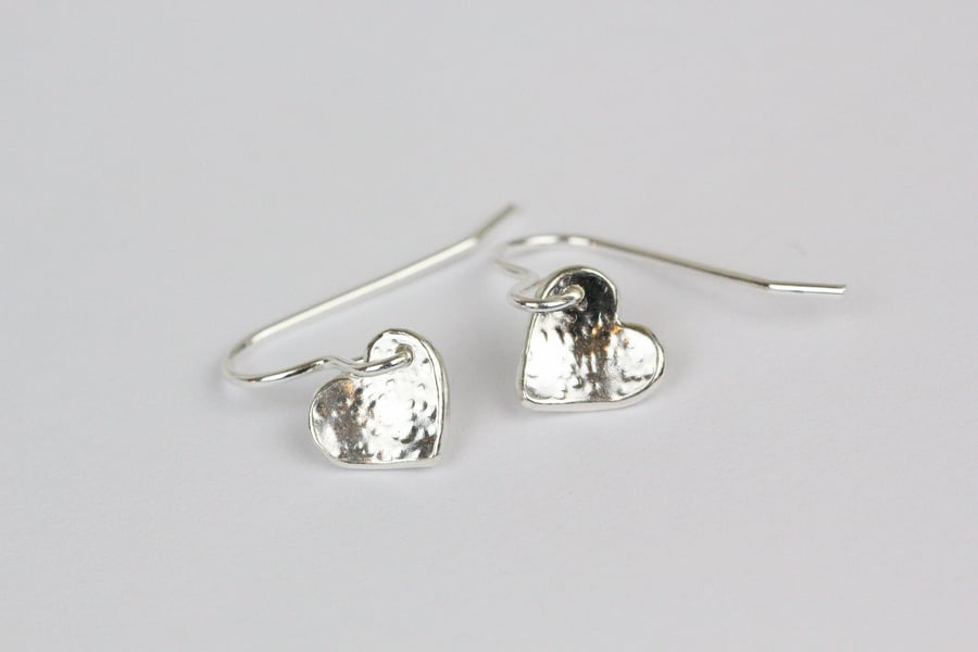 Sterling silver hammered textured heart drop earrings