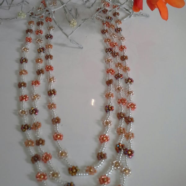 Dainty 3 Strand Daisy Chain Seed Bead Necklace Silver Plated 