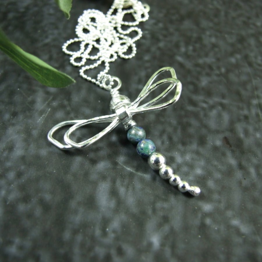 Dragonfly Necklace, Sterling Silver Gemstone Pendant.