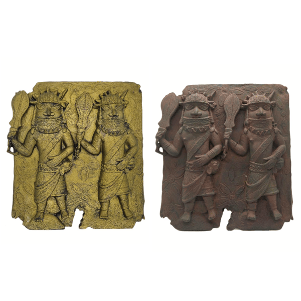 Edo warriors plaque, 3d printed Benin bronze, hand painted tribal decoration,