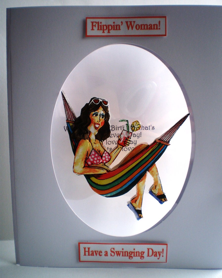 Large decoupage birthday card reduced to clear,lady in hammock