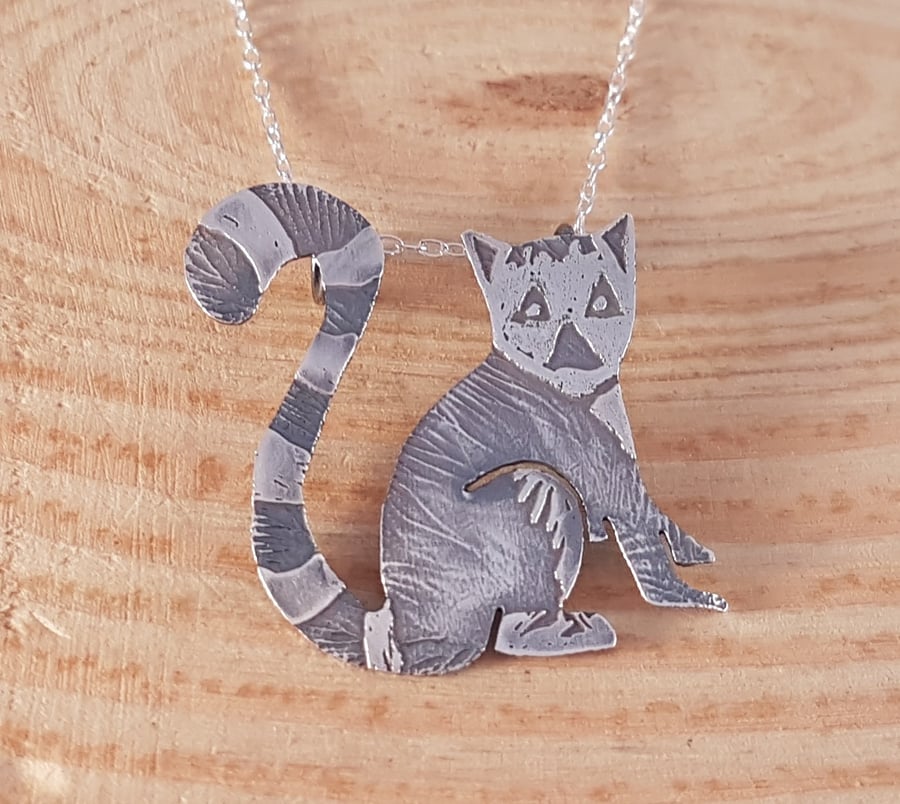 Sterling Silver Etched Ring Tailed Lemur Necklace Pendant