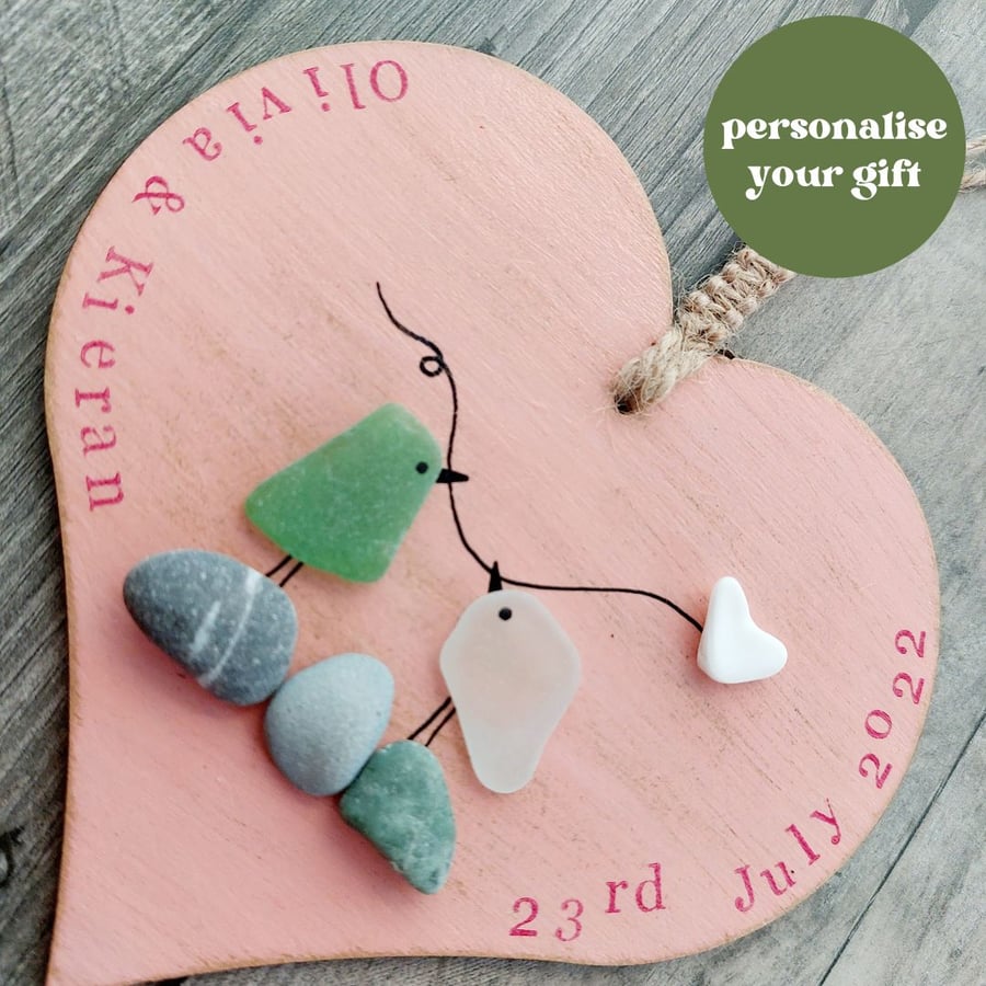 Sea Glass Pink Heart Ornament - Lovebirds - Hanging Decoration Wedding Gift