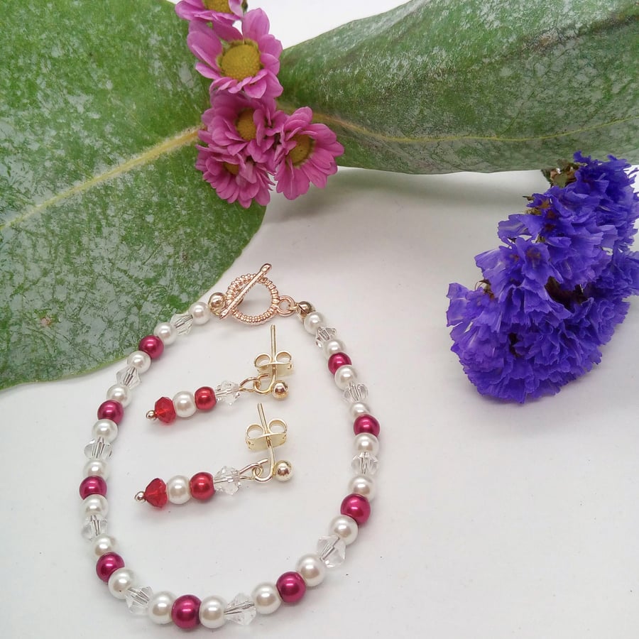 Burgundy & White Pearl and Clear Crystal Bicone Bracelet and Earrings Set