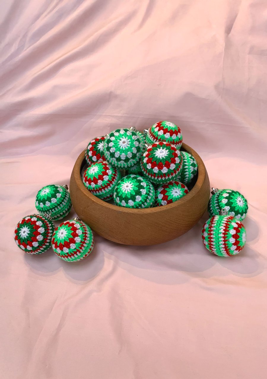 Handmade Multicoloured Red, White and Green Crochet Christmas Baubles