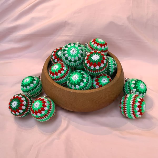 Handmade Multicoloured Red, White and Green Crochet Christmas Baubles