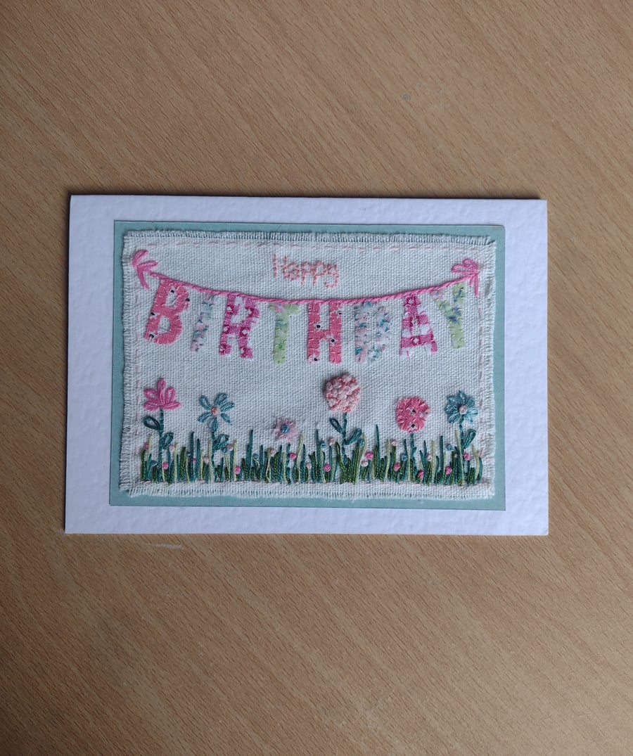 Hand-Stitched Birthday Bunting Floral Card - Textile Card - Blank Card