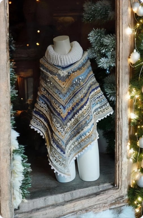 Handmade Crochet Turtleneck Poncho One-Size Boho Hippie Multicoloured Blue