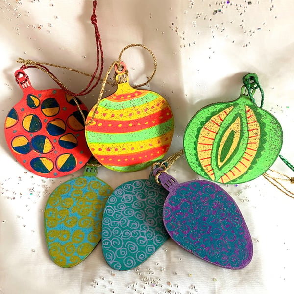 6 hand painted Christmas tree decorations