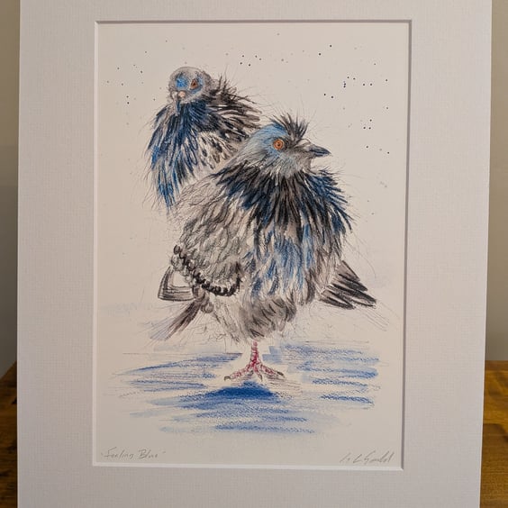 Feeling Blue? (pigeons on a wet February day) , a print of an original painting.