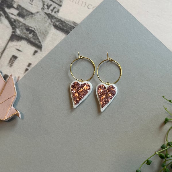 Embroidered glitter heart hoop earrings 