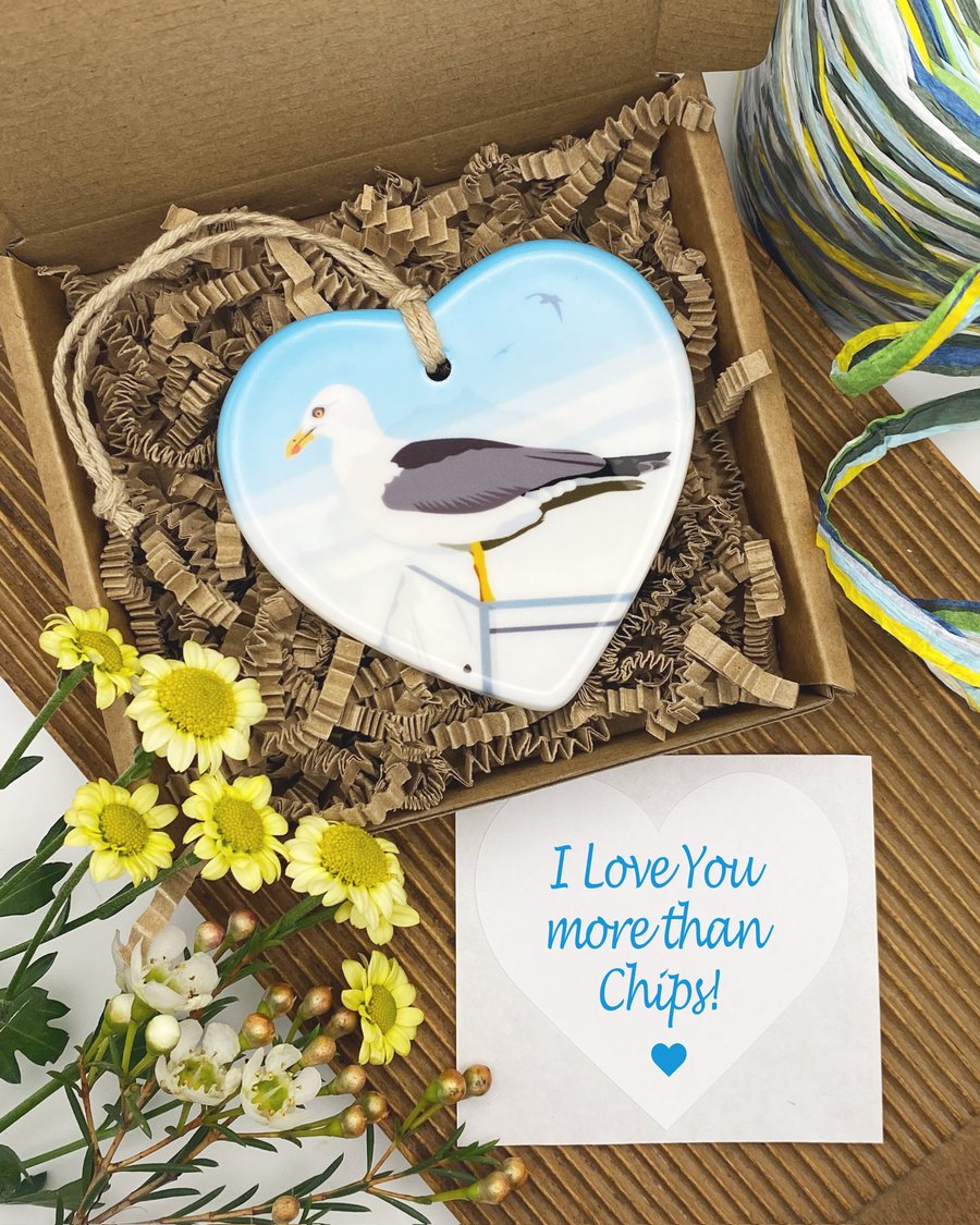 Cheeky Seagull Ceramic Heart – Valentine Gift, Seaside Decoration, Customisable