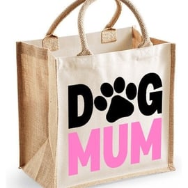 Dog Mum Paw Print Midi Jute Shopper Canvas Bag - Dog Lover Present