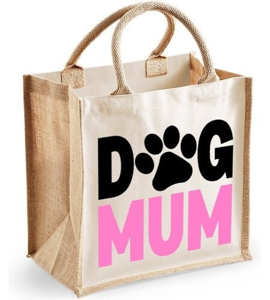 Dog Mum Paw Print Midi Jute Shopper Canvas Bag - Dog Lover Present
