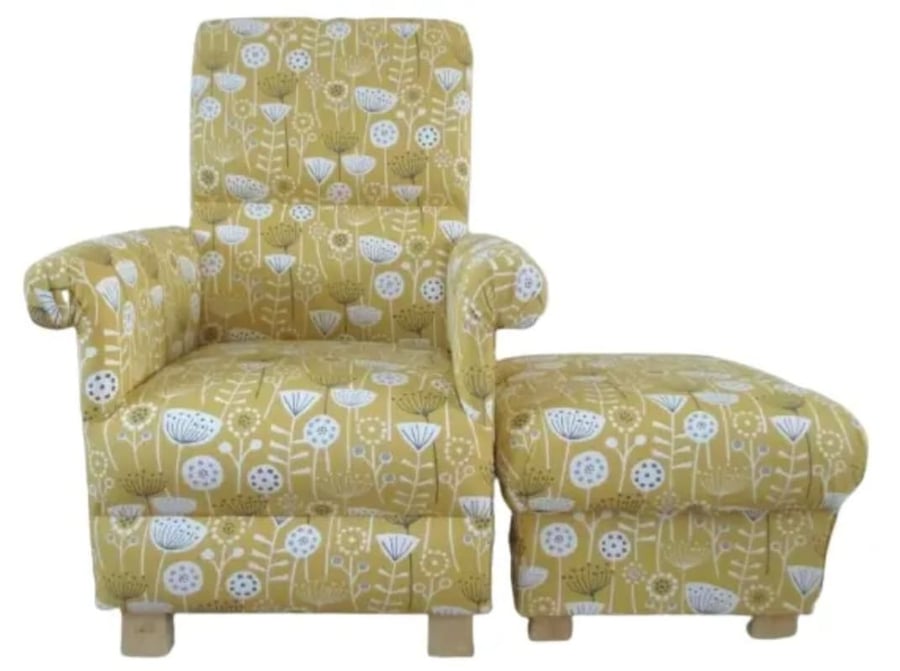 Ochre Floral Chair & Footstool Adult Armchair Fryetts Bergen Saffron Mustard 