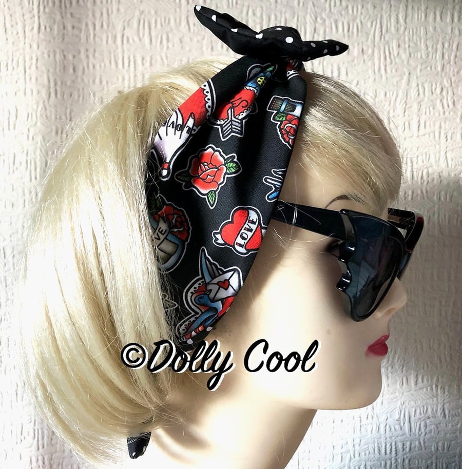 Tattoo Love Hair Tie Print Head Scarf with Polka Bow by Dolly Cool - Black White