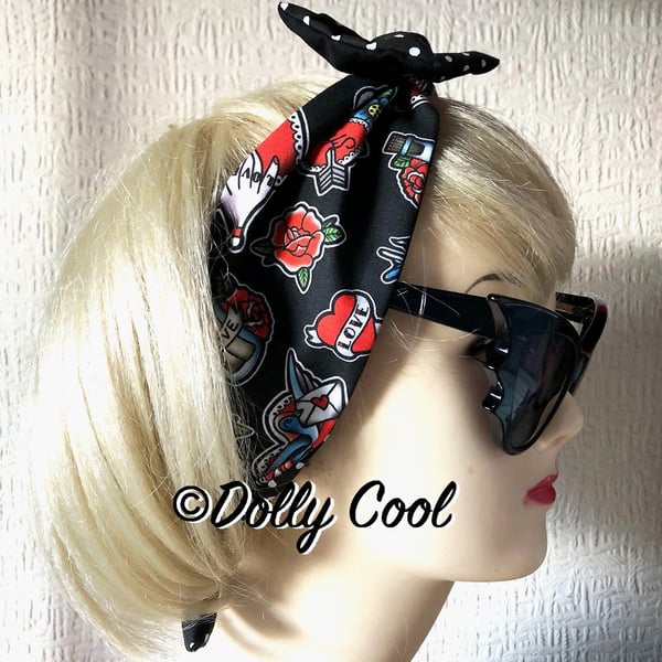 Tattoo Love Hair Tie Print Head Scarf with Polka Bow by Dolly Cool - Black White
