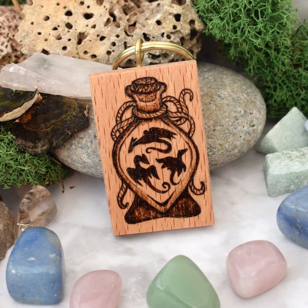 Tri-dragon potion. Pyrography key ring.