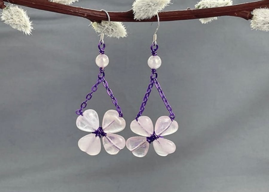 Pretty Rose Quartz Flower Purple Chain Floral Earrings