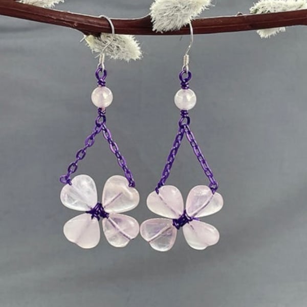 Pretty Rose Quartz Flower Purple Chain Floral Earrings