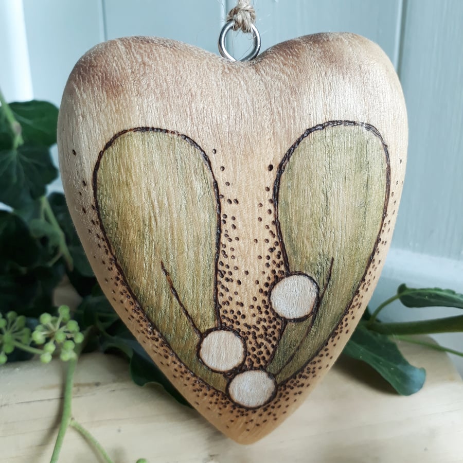 Pyrography wooden mistletoe heart decoration