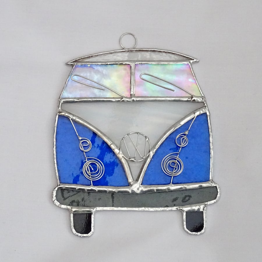Stained Glass Camper Van Suncatcher - Handmade Hanging Decoration Blue and White