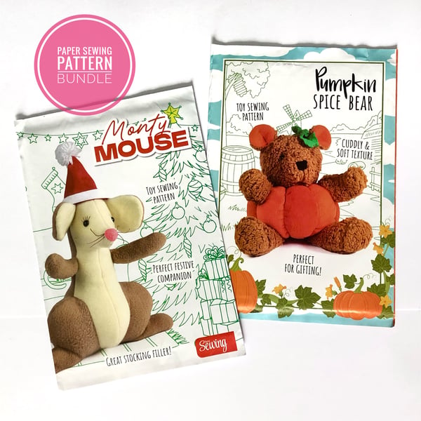 TWO Paper Sewing Patterns, Cuddly Bear and Mouse toy pattern,  New and Unopened