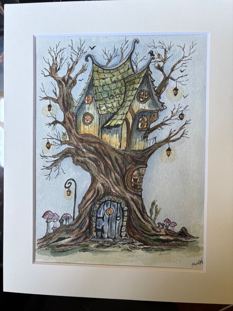 Whimsical Treehouse Cottage – Original Watercolour (8x10, Matted) 