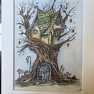 Whimsical Treehouse Cottage – Original Watercolour (8x10, Matted) 