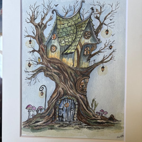 Whimsical Treehouse Cottage – Original Watercolour (8x10, Matted) 